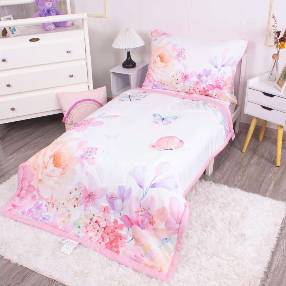 NEW! Blush Floral Butterfly Toddler Bedding and Comforter Set Bed-In-A-Pink